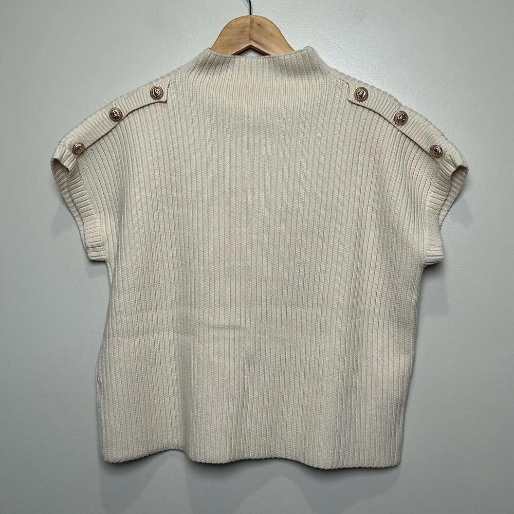Womens Cream Ribbed Short Sleeve Sweater with Button Shoulder Detail